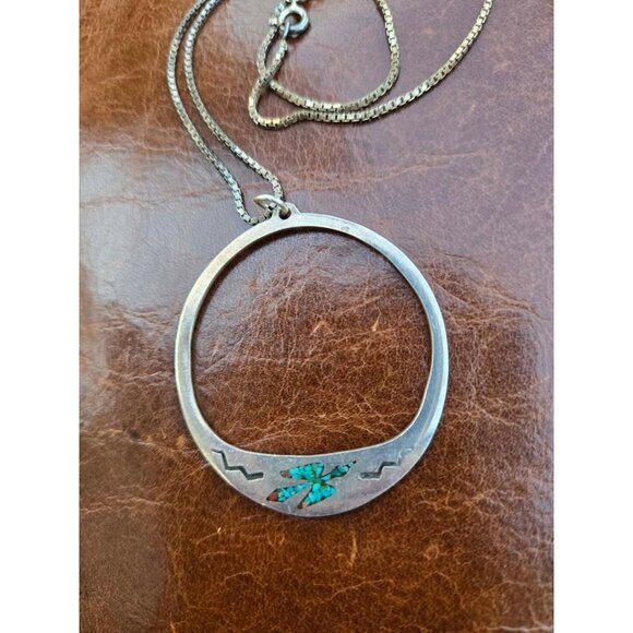Peyote Bird Turquoise & Coral Chip Inlay Sterling Silver Necklace Hoop Pendant - Picture 4 of 6